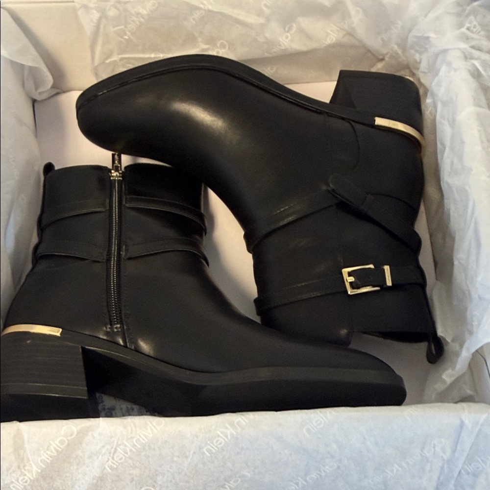 Calvin Klein Black Ankle Booties with Gold Accents
